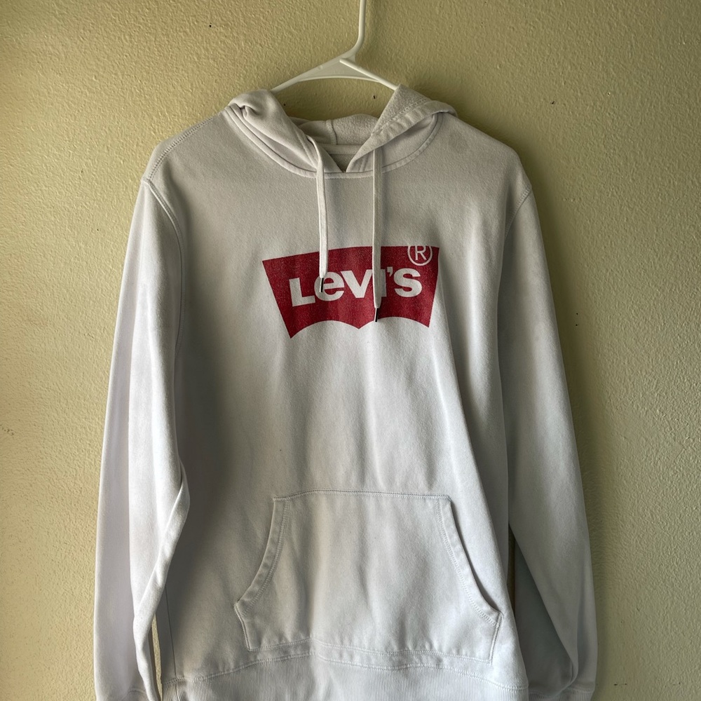 White levi’s hoodie size Large with some discoloration see pics